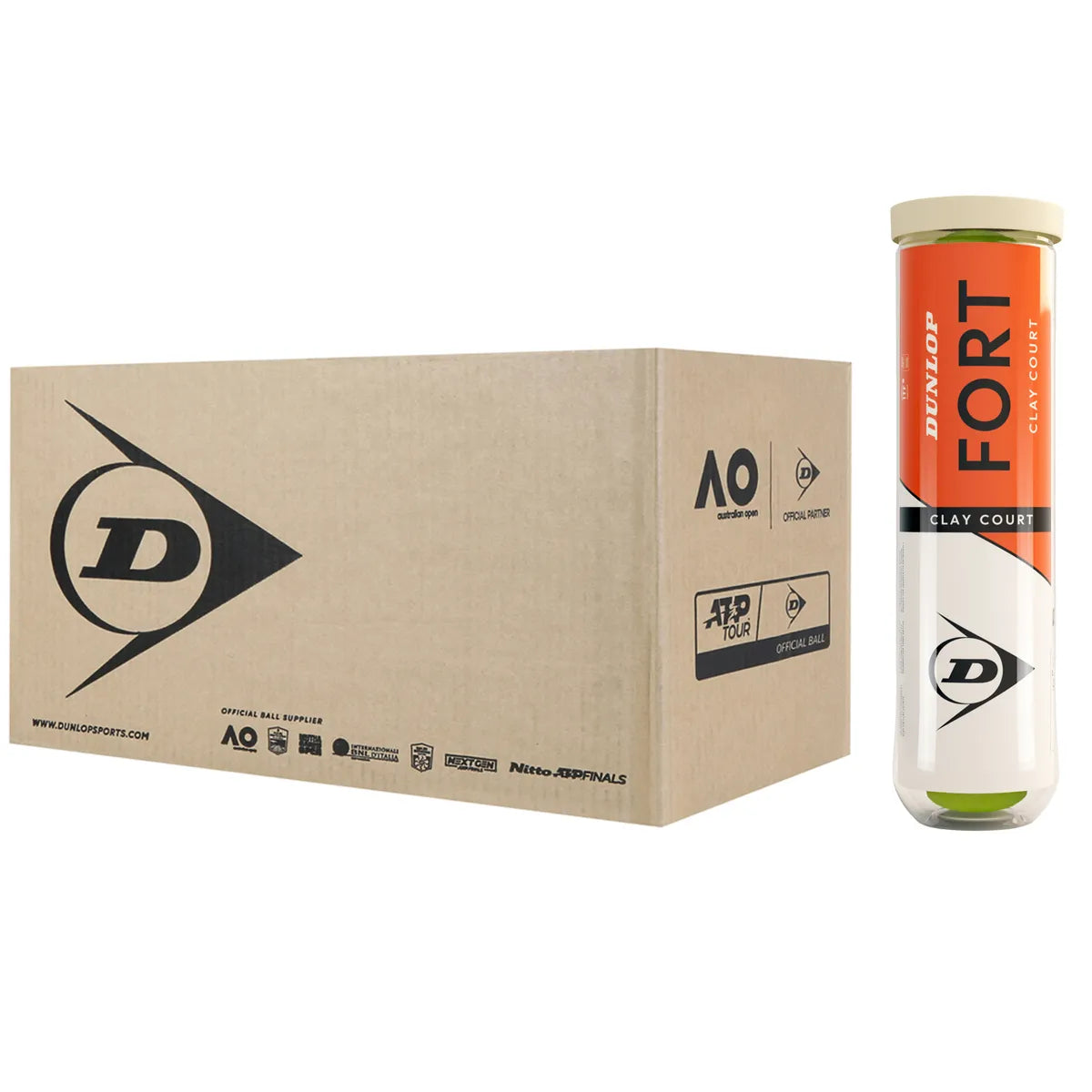 Doos van 18 Tubes met 4 Dunlop Fort Clay Court ballen