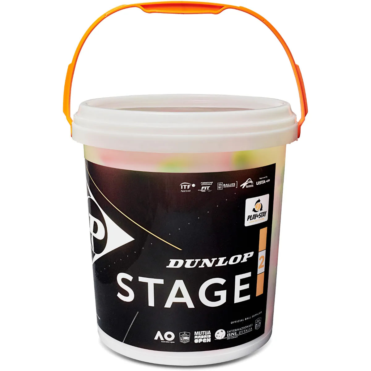 Vat met 60 Dunlop Stage 2 Oranje ballen