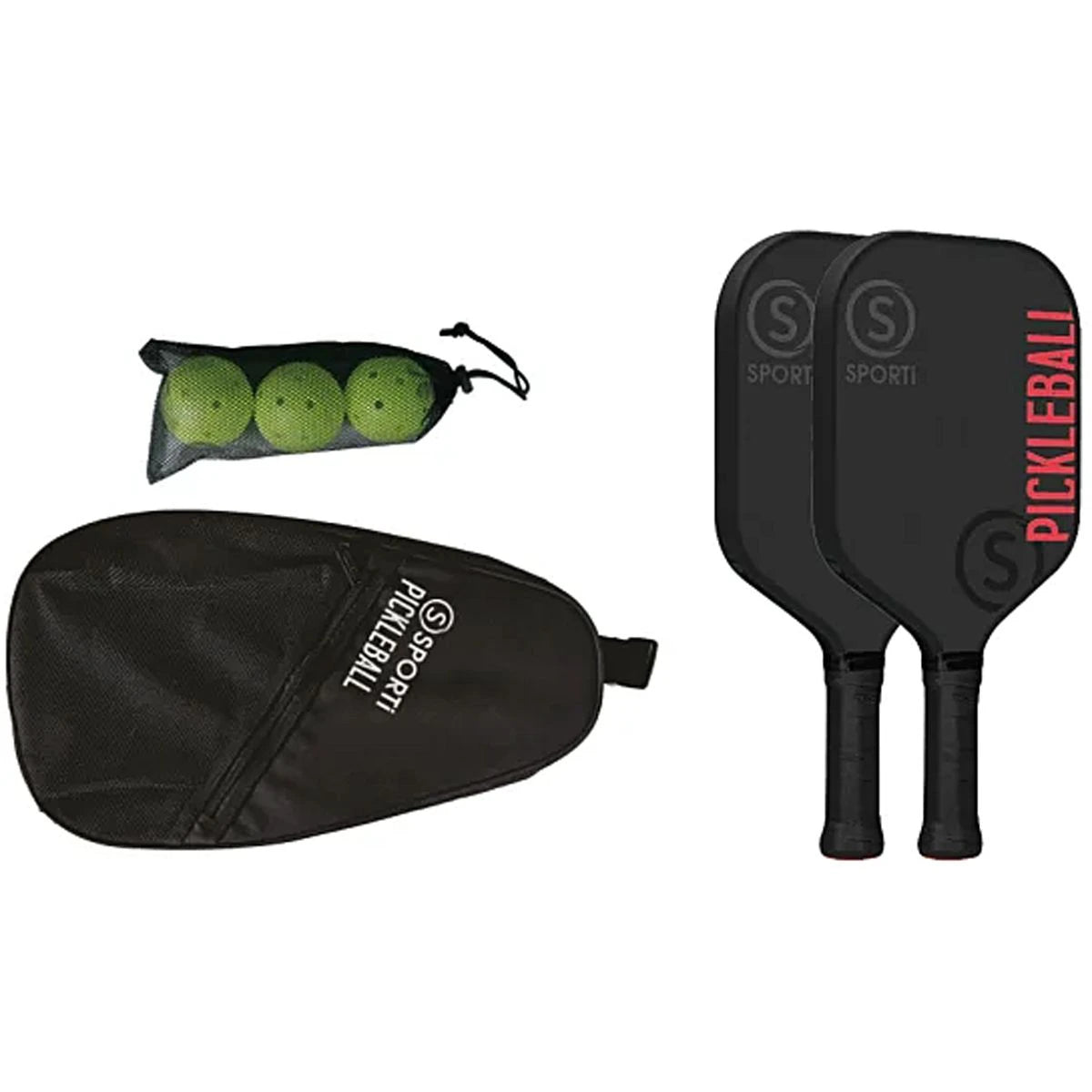 Pickleball Kit Glasvezel Indoor: 2 Rackets + 3 Ballen + 1 Tas